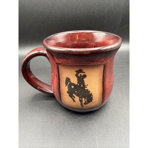 ALWAYS AZUL POTTERY Hand Made Burgundy Red Glazed 16oz Coffee Mug Cowboy Bronco